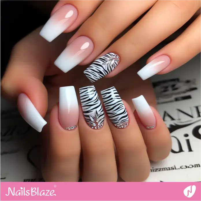 Embellished Zebra Print and Ombre Nails | Animal Print Nails - NB2489